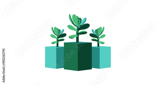 Minimalist Eco Growth Icon: Three Geometric Succulent Plants on Cubes. Corporate Sustainability and Development Symbol.