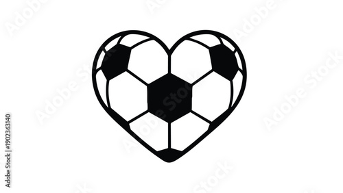 Black silhouette of a heart made from soccer balls on a white background with a simple graphic design.