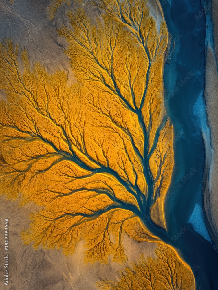 Obraz premium Aerial view of a river delta with intricate patterns of golden sand and blue water, showcasing the natural beauty of the landscape in a remote area