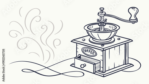 Vintage manual coffee grinder with aromatic steam rising