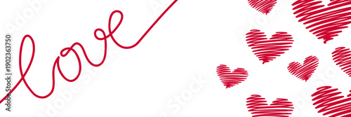 Valentine's Day love banner template, hand written love text, red doodle hearts border, isolated on white background, copy space. Valentine's Day greeting poster or card layout, vector illustration.