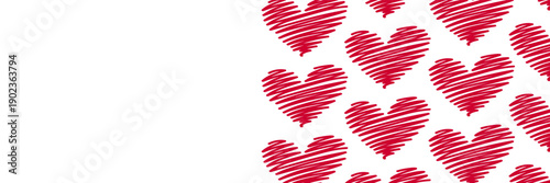 Valentine's Day hearts banner template, red scribble hearts pattern on right side, white background with copy space. Valentines love greeting card, poster or banner layout, vector illustration
