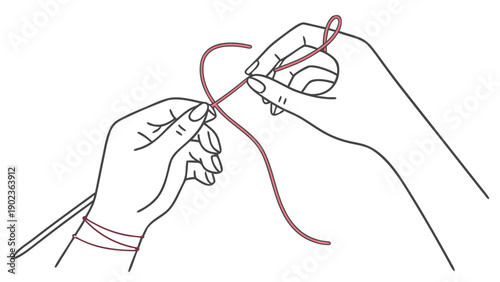 Hands knotting red thread with needles in simple line art