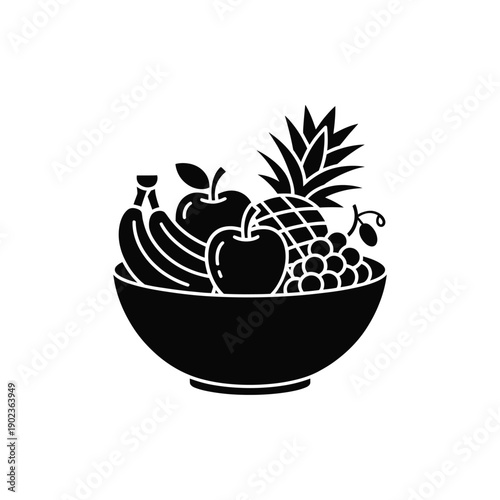 Black silhouette of fruit bowl with banana, apple, pineapple, and grapes, isolated on transparent background, png