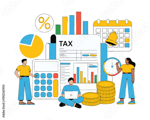 Concept tax payment. Data analysis, paperwork, financial research report and calculation of tax return. Payment of debt. Government, state taxes. Vector illustration in flat style with characters.
