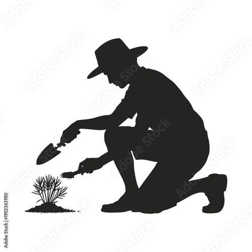 Black silhouette of a gardener kneeling and watering a small plant with a watering can, isolated on transparent background, png