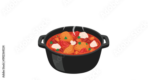 Black Pot Filled with Red Tomato Based Soup with Chicken and Herbs