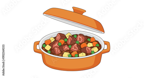 Orange Casserole Dish with Thick Beef and Vegetable Stew and Open Lid