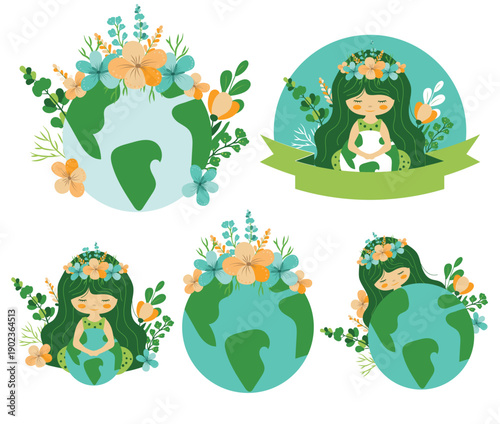 Earth Day vector illustration set with planet globe flowers and Mother Earth character