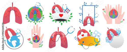 Lung health and world tuberculosis day medical illustration set with stethoscope