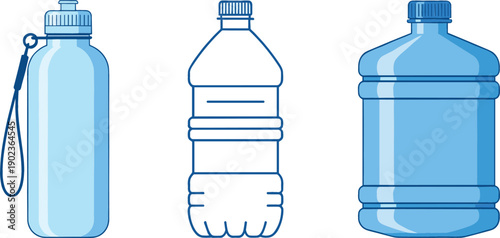 Vector illustration set of water containers in a digital design workspace featuring a sports bottle with a strap, a classic ridged plastic bottle, and an industrial water gallon 