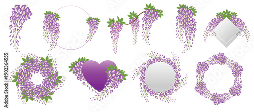 Purple wisteria flower frames and floral design elements set on white background