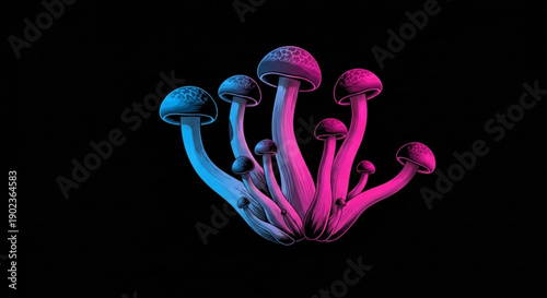 Vibrant neon mushrooms glow in blue and pink hues against a dark background creating a surreal and psychedelic atmosphere with multiple fungal growths