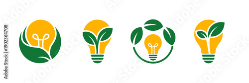 Eco friendly light bulb icons with green leaves on white background