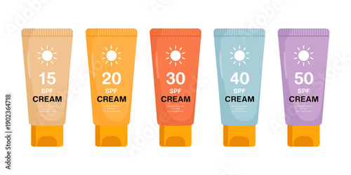Five colorful sunscreen cream tubes with different SPF levels isolated on white background