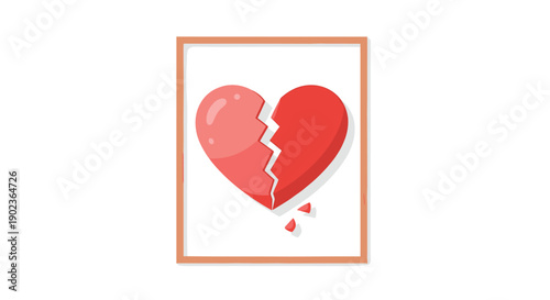 Wooden Picture Frame Containing Broken Red Heart Representing Heartbreak and Sadness