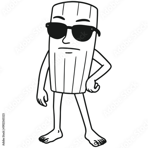Outline vector illustration of Tung Tung Tung Sahur wearing sunglasses, presented as a cool and confident meme mascot character.