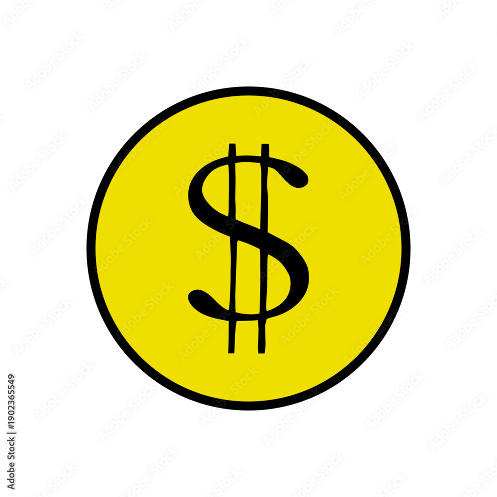 Obraz premium Simple Handdrawn Dollar Coin Currency Icon with Yellow and Black Lines