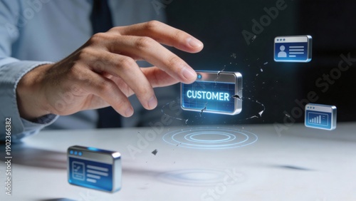Subscription Fatigue & Churn Management - Close-up of a hand over floating data nodes, illustrating digital information dynamics as some nodes disconnect and drift away.