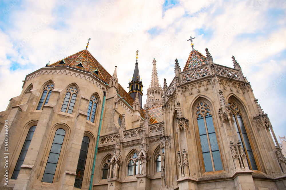 Fototapeta premium Matthias Church spires and neo-Gothic architecture in Budapest old town Hungary