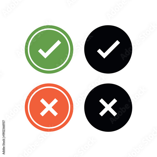 Checkmarks and crosses in green black and orange circles on white background