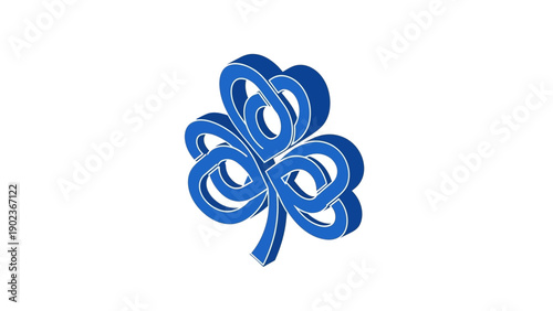 3D Blue Celtic Knot Shamrock Logo. Abstract Isometric Trefoil Icon representing Irish Luck, Interconnection, and Trinity on White Background.
