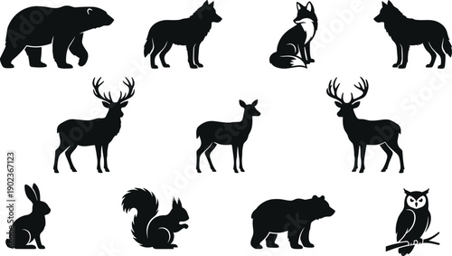 WebWild forest animal silhouette vector set featuring bear wolf fox deer rabbit squirrel and owl isolated on white background for nature wildlife and conservation designs