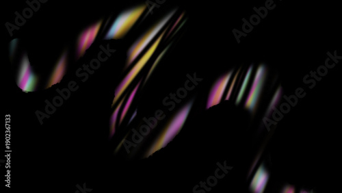 Abstract dark background with vibrant holographic light streaks and iridescent gradients. Neon rainbow reflections, soft glow, grain texture, modern futuristic. Posters, banners, album covers, headers