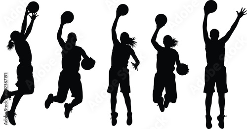 Basketball player silhouettes showing dynamic jumping and dunking actions, athletic competition movement, sports training activity, isolated black vector illustration set