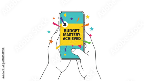 Mobile Finance App Success: Hands Holding Smartphone with "Budget Mastery Achieved" Screen and Celebration Confetti.