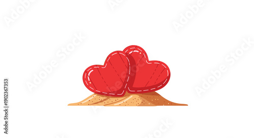 Pair of Vibrant Red Hearts Resting on Golden Beach Sand Pile under Bright Sunlight for Love Concept