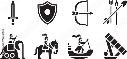 A set of eight black silhouette icons illustrating medieval warfare and defense equipment including a sword, shield, bow and arrow, catapult, elephant rider, cavalryman, warrior in canoe, and siege.