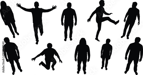 High angle view set of people silhouettes in various poses, walking, jumping, standing, and gesturing, isolated on white background, vector style