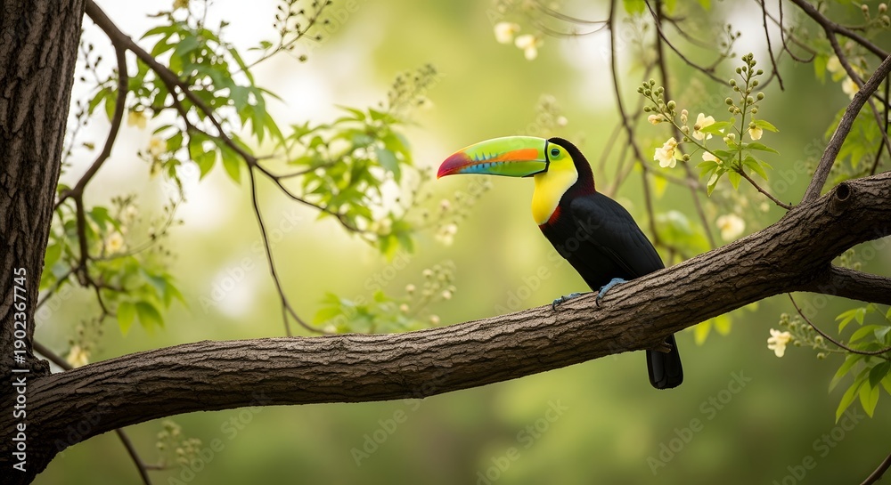 Fototapeta premium A colorful keel-billed toucan perches on a thick tree branch in nature.