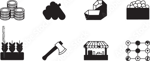 Monochrome glyph icons display essential concepts including commerce, warfare, agriculture, and strategy game elements for interface design.