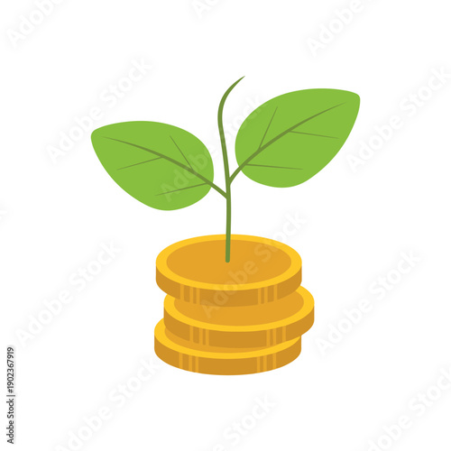 Green plant sprouting from stack of golden coins symbolizing financial growth