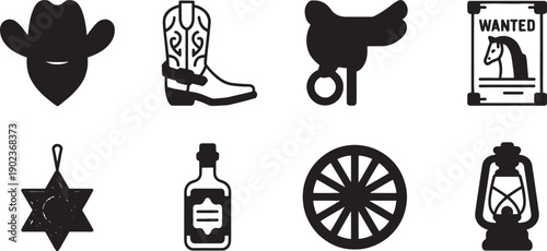 A set of detailed black and white icons depicting American Old West artifacts like a cowboy hat, bandana, boot, wanted poster, and lantern.