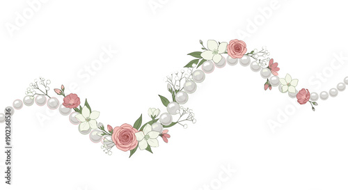 Wavy String of White Pearls with Pink and White Flowers for Elegant Decorative Border Design