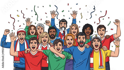 Diverse group of people celebrating with raised arms and colorful confetti on a white background with a joyful mood.