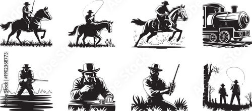 Eight distinct black and white graphic elements illustrating dynamic Wild West figures engaged in shooting, riding, and outdoor pastimes near natural terrain settings.