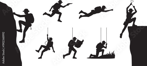Silhouettes depict dynamic actions of a mountaineer performing various climbing, rappelling, and traversing movements across rocky ledges.