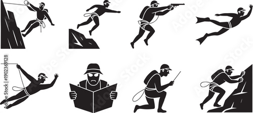 A sequence of eight black silhouette icons displays diverse extreme sports figures engaged in mountaineering, diving, exploration, and studying maps during adventure activities.