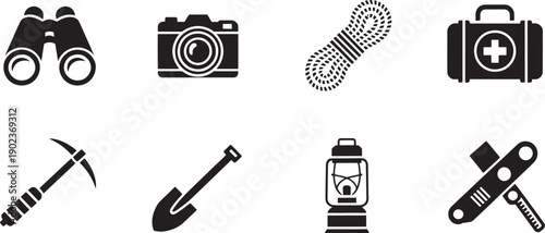 An array of eight black graphic shapes illustrates essential camping and outdoor activity gear including binoculars, camera, climbing rope, and first aid supplies.