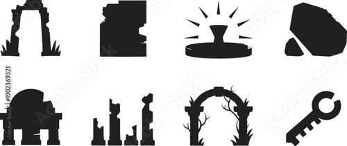 A collection of eight black silhouette icons depicts ancient ruins, mysterious gateways, natural stone formations, and a stylized fountain emblem for game design assets.