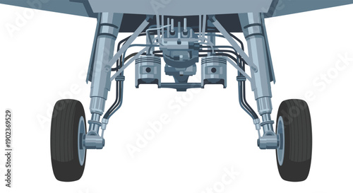 Detailed Underside View of Aircraft Landing Gear System with Wheels and Hydraulic Components
