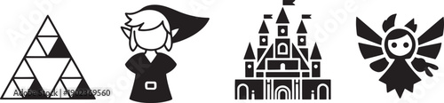Four contrasting digital icons feature fractal geometry, a character with a pointed hat, a stylized castle structure, and a small winged figure.