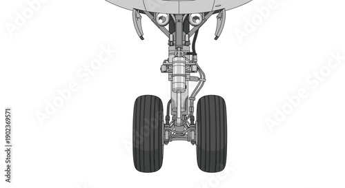 Front View of Aircraft Nose Landing Gear with Twin Wheels and Complex Hydraulic Machinery