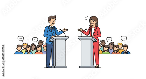 Man and Woman in Suits Debating at Podiums in Front of Crowd for Political Election Campaign Concept