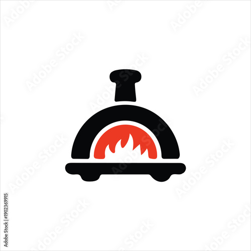 Black Pizza Oven Icon with Red Flames On White Background Keywords: pizza, oven, stove, bakery, cooking, food, fire