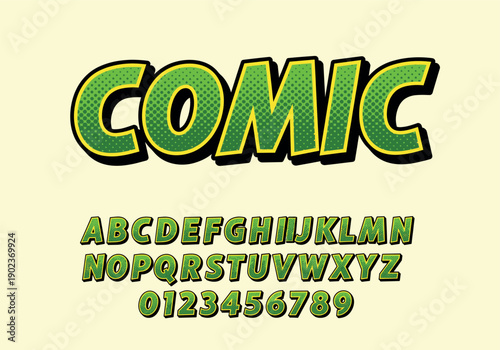 Green Halftone Comic Book Style Font Vector Alphabet with Bold 3D Letters and Numbers for Action Graphic Design Retro Pop Art and Creative Media Projects
